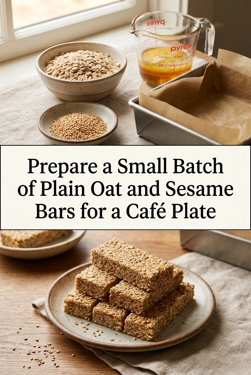 Prepare a Small Batch of Plain Oat and Sesame Bars for a Café Plate — AI-generated editorial illustration
