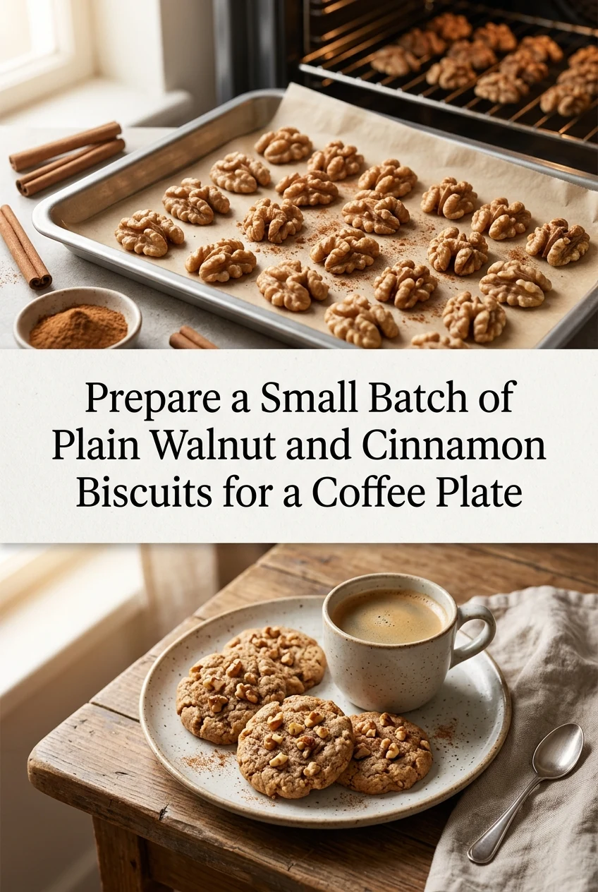 Prepare a Small Batch of Plain Walnut and Cinnamon Biscuits for a Coffee Plate — AI-generated editorial illustration