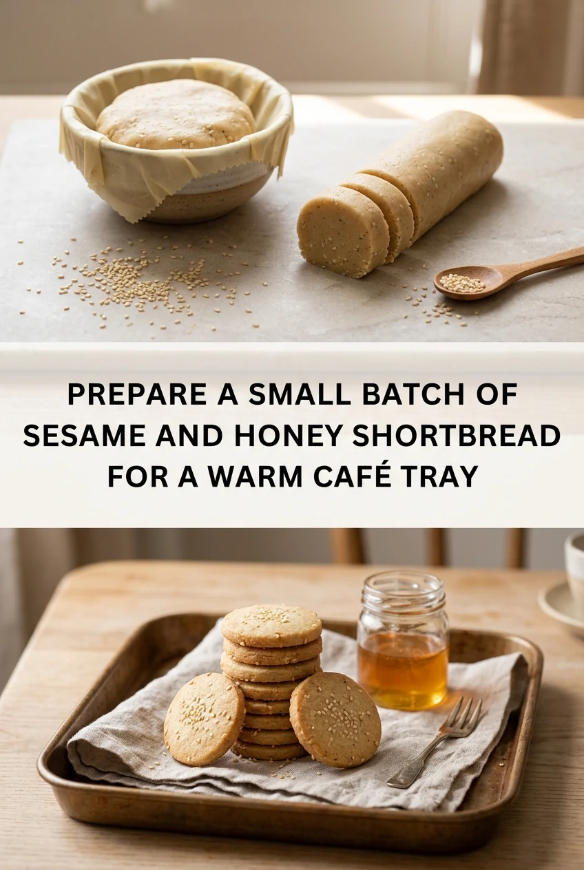 Prepare a Small Batch of Sesame and Honey Shortbread for a Warm Café Tray — AI-generated editorial illustration
