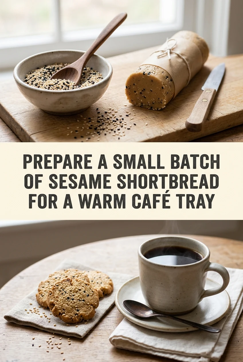 Prepare a Small Batch of Sesame Shortbread for a Warm Café Tray — AI-generated editorial illustration