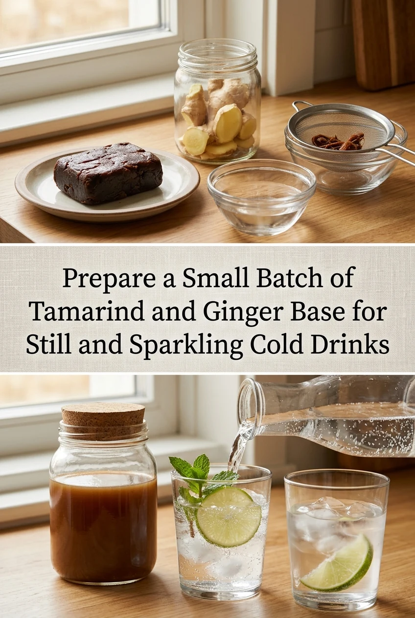 Prepare a Small Batch of Tamarind and Ginger Base for Still and Sparkling Cold Drinks — AI-generated editorial illustration