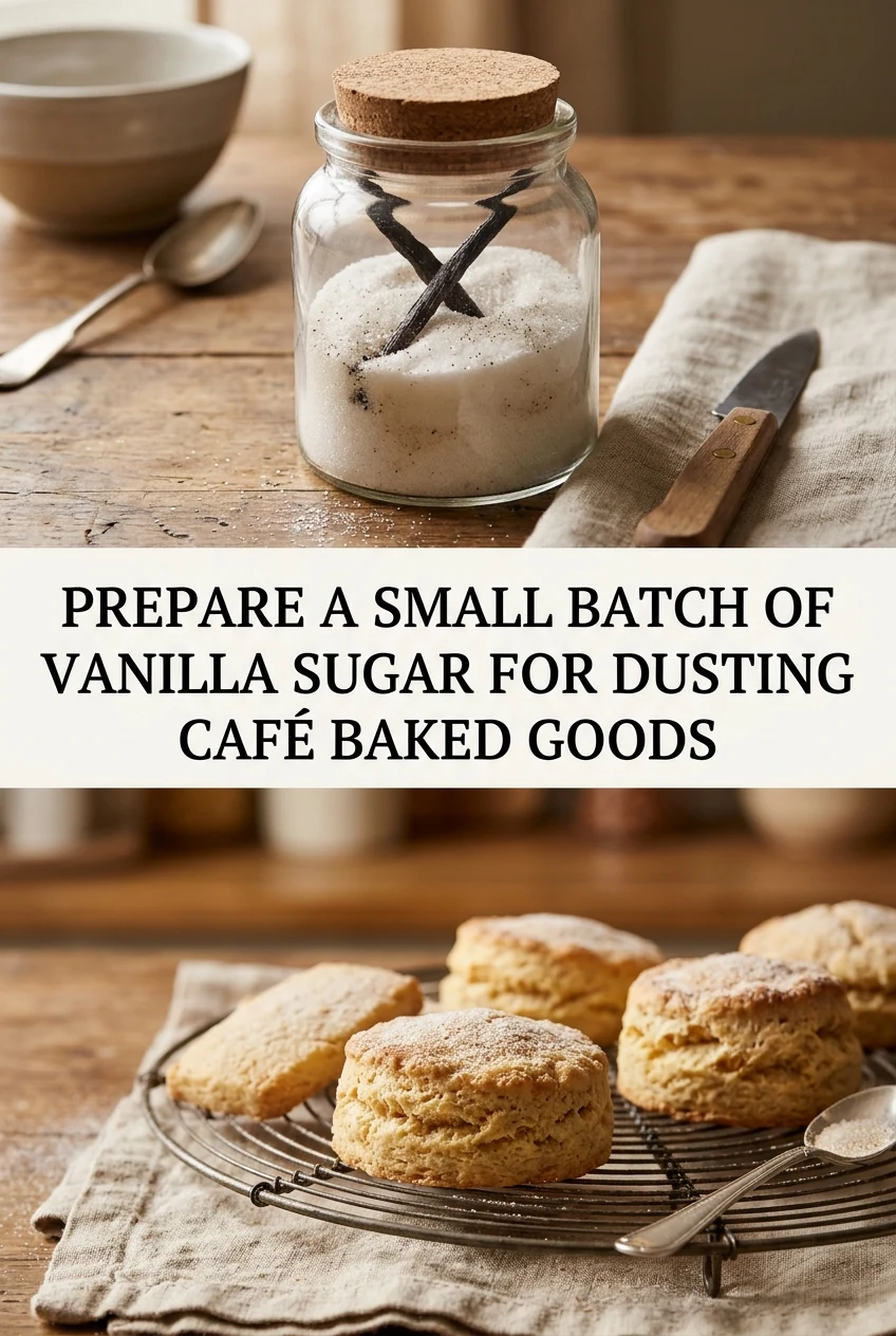 Prepare a Small Batch of Vanilla Sugar for Dusting Café Baked Goods — AI-generated editorial illustration