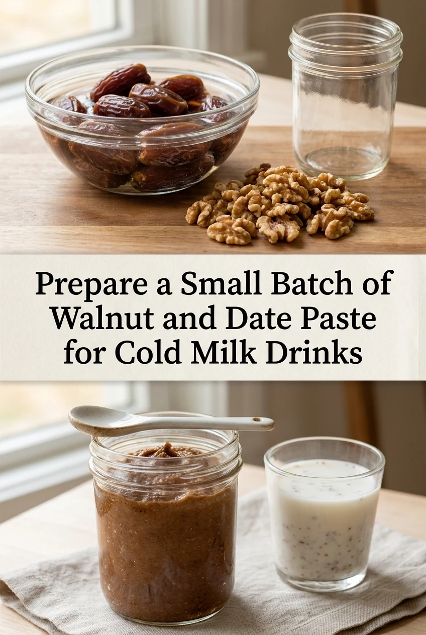 Prepare a Small Batch of Walnut and Date Paste for Cold Milk Drinks — AI-generated editorial illustration
