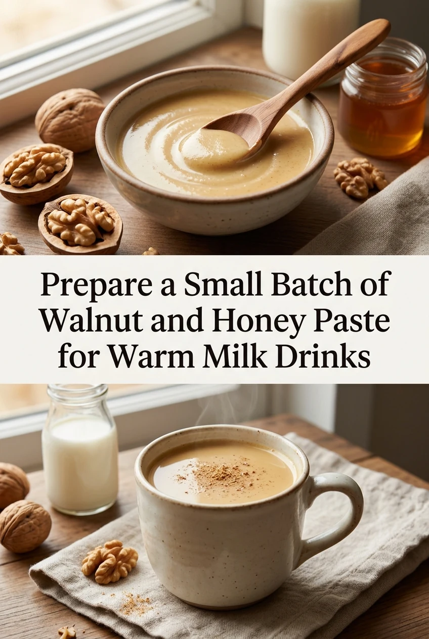 Prepare a Small Batch of Walnut and Honey Paste for Warm Milk Drinks — AI-generated editorial illustration