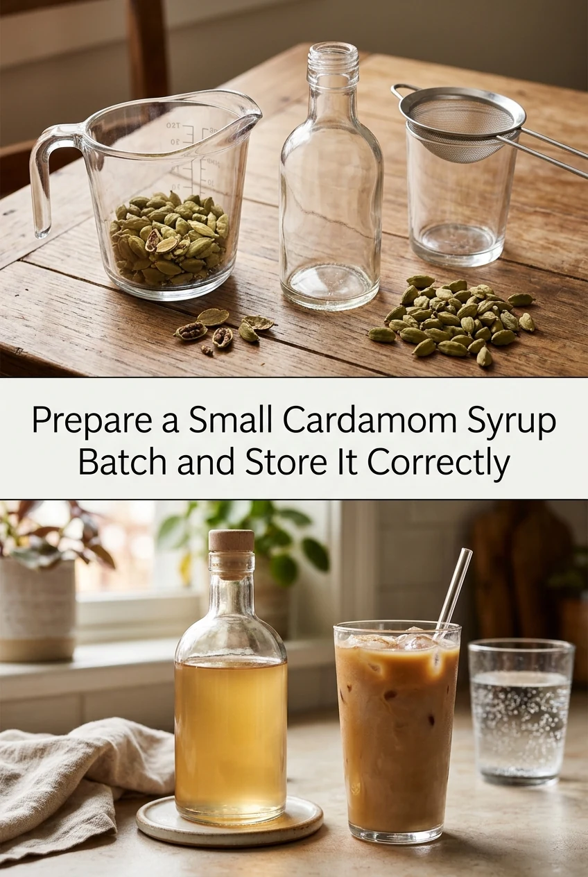 Prepare a Small Cardamom Syrup Batch and Store It Correctly — AI-generated editorial illustration