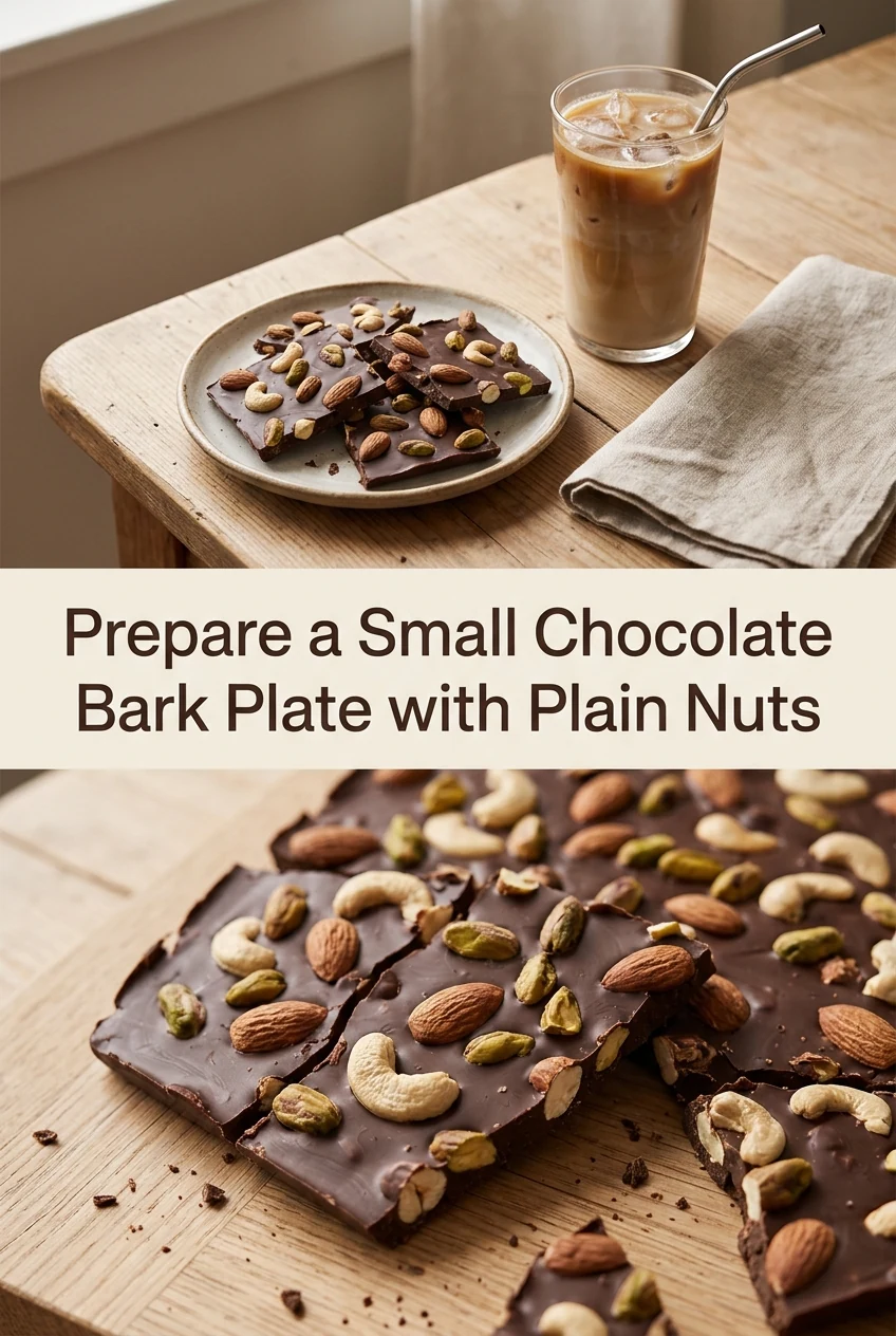 Prepare a Small Chocolate Bark Plate with Plain Nuts — AI-generated editorial illustration