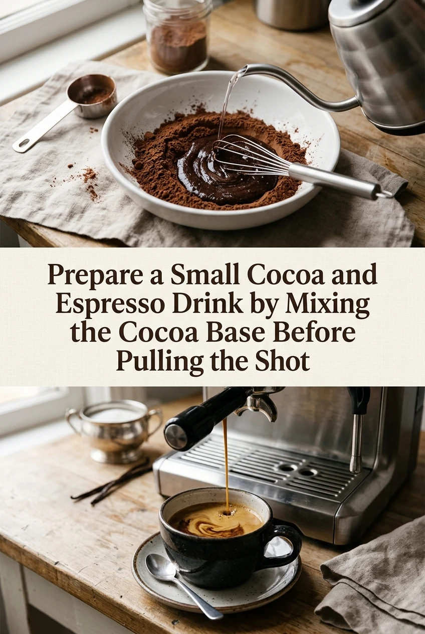 Prepare a Small Cocoa and Espresso Drink by Mixing the Cocoa Base Before Pulling the Shot — AI-generated editorial illustration