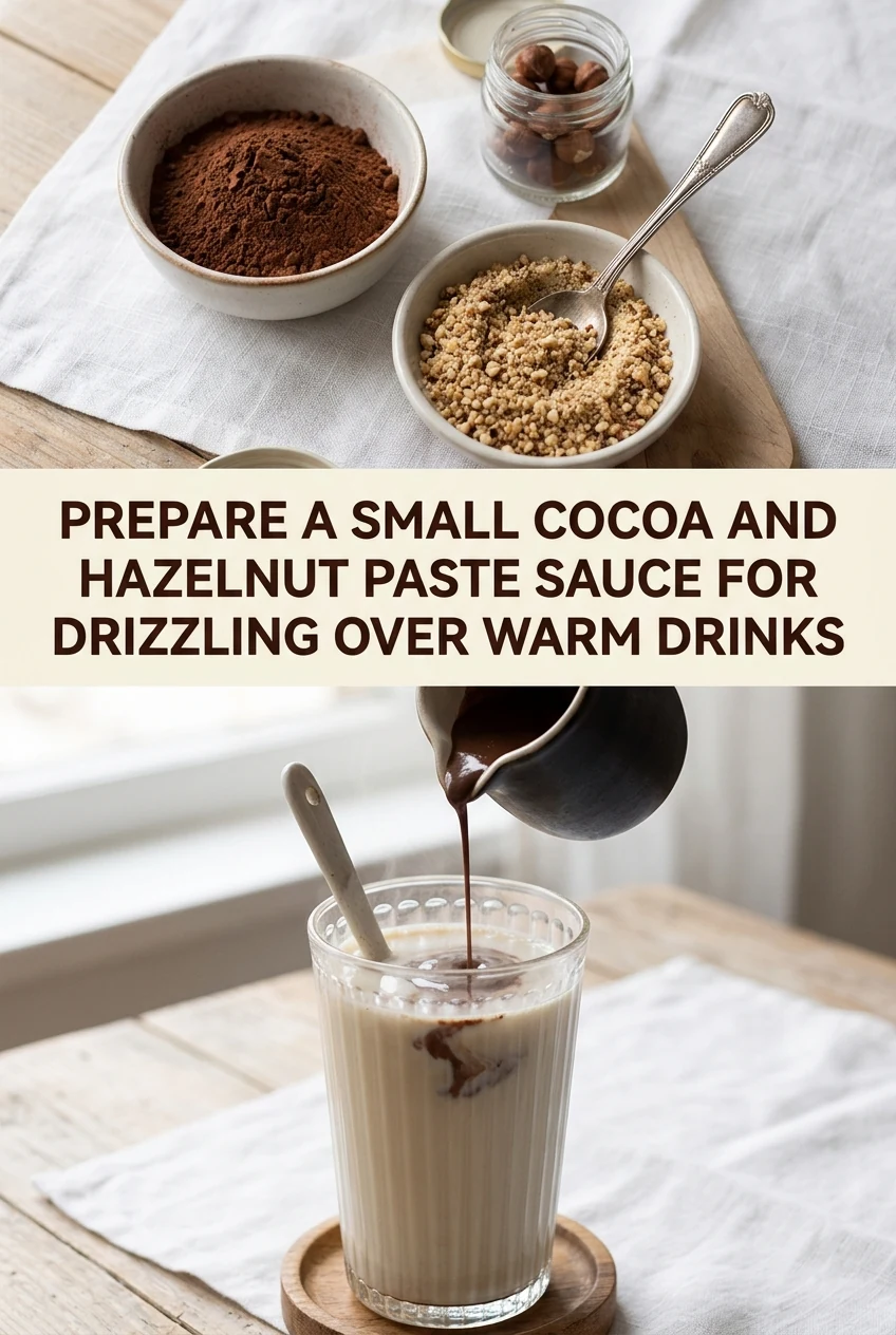 Prepare a Small Cocoa and Hazelnut Paste Sauce for Drizzling Over Warm Drinks — AI-generated editorial illustration