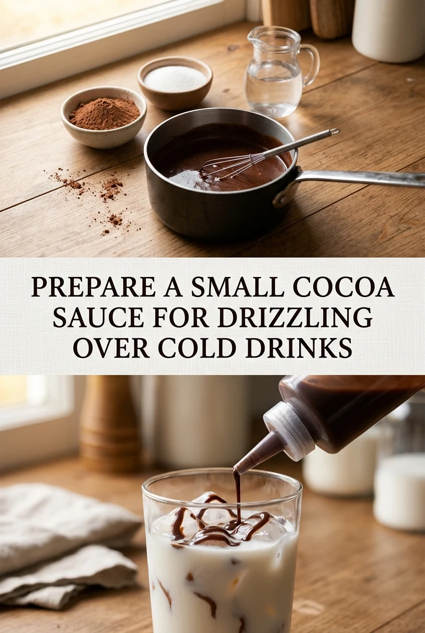 Prepare a Small Cocoa Sauce for Drizzling Over Cold Drinks — AI-generated editorial illustration