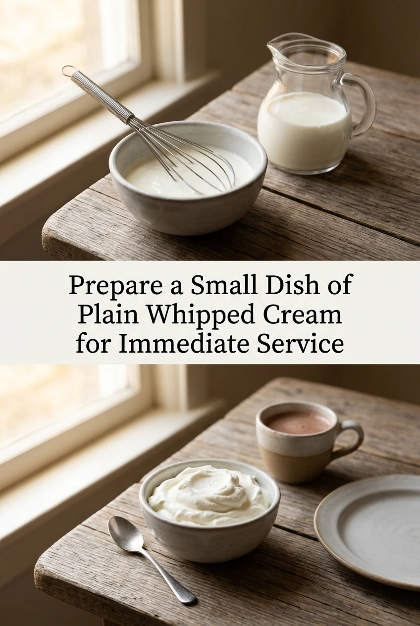 Prepare a Small Dish of Plain Whipped Cream for Immediate Service — AI-generated editorial illustration