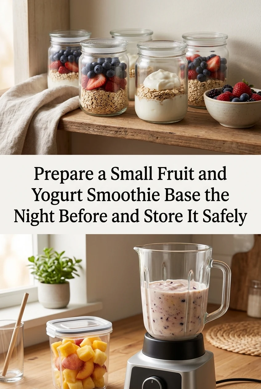 Prepare a Small Fruit and Yogurt Smoothie Base the Night Before and Store It Safely — AI-generated editorial illustration