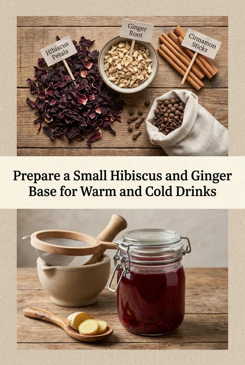 Prepare a Small Hibiscus and Ginger Base for Warm and Cold Drinks — AI-generated editorial illustration