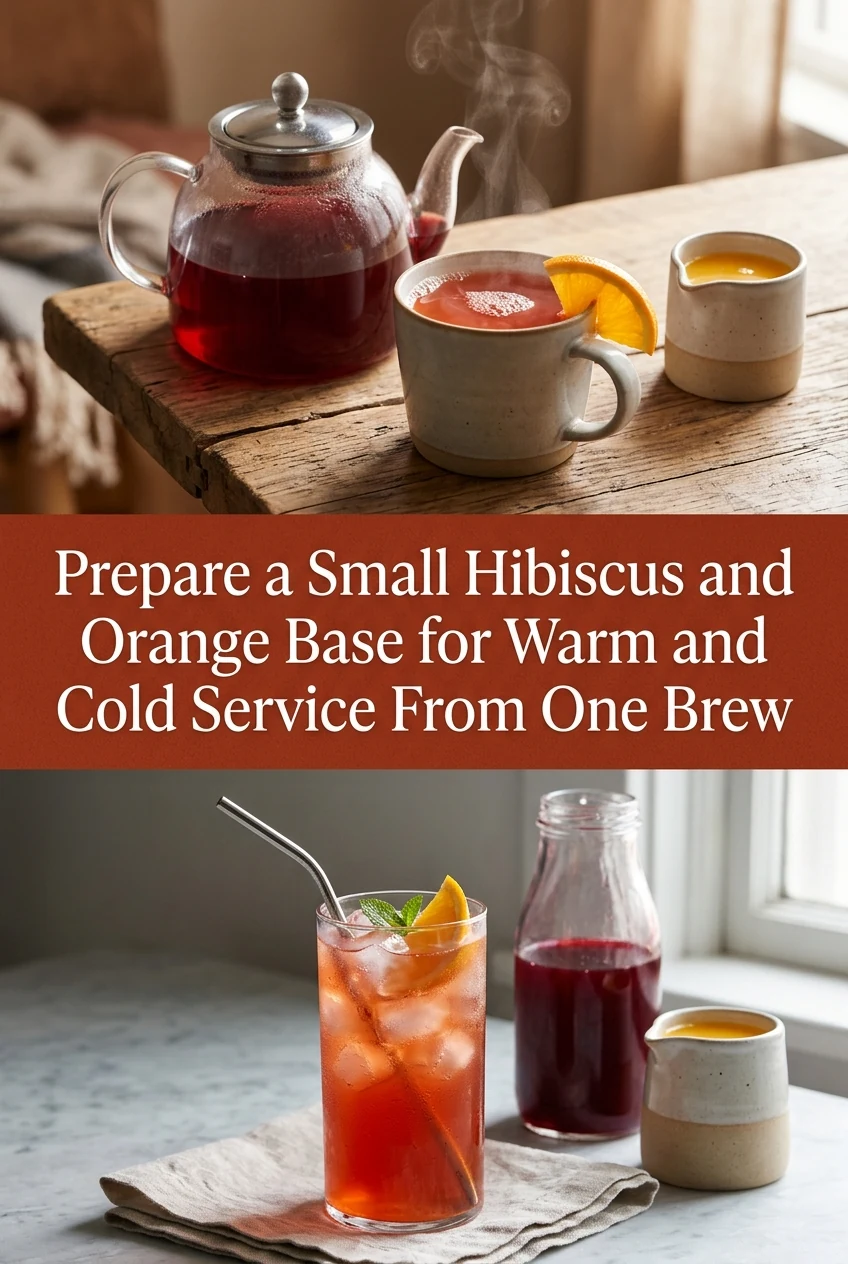 Prepare a Small Hibiscus and Orange Base for Warm and Cold Service From One Brew — AI-generated editorial illustration