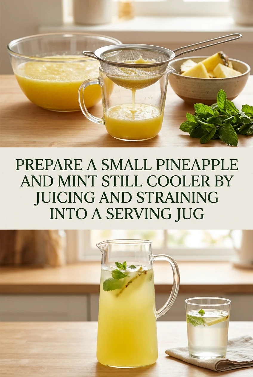 Prepare a Small Pineapple and Mint Still Cooler by Juicing and Straining Into a Serving Jug — AI-generated editorial illustration