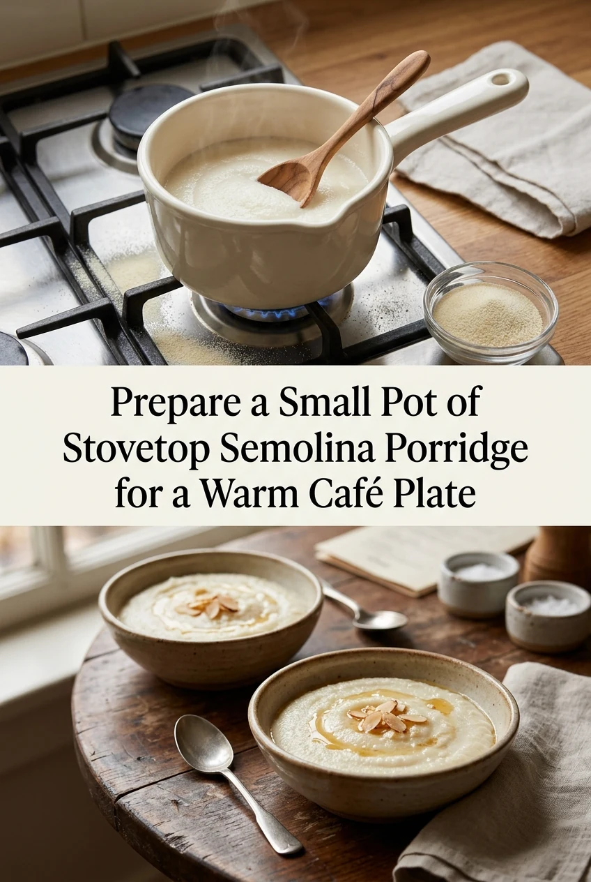 Prepare a Small Pot of Stovetop Semolina Porridge for a Warm Café Plate — AI-generated editorial illustration