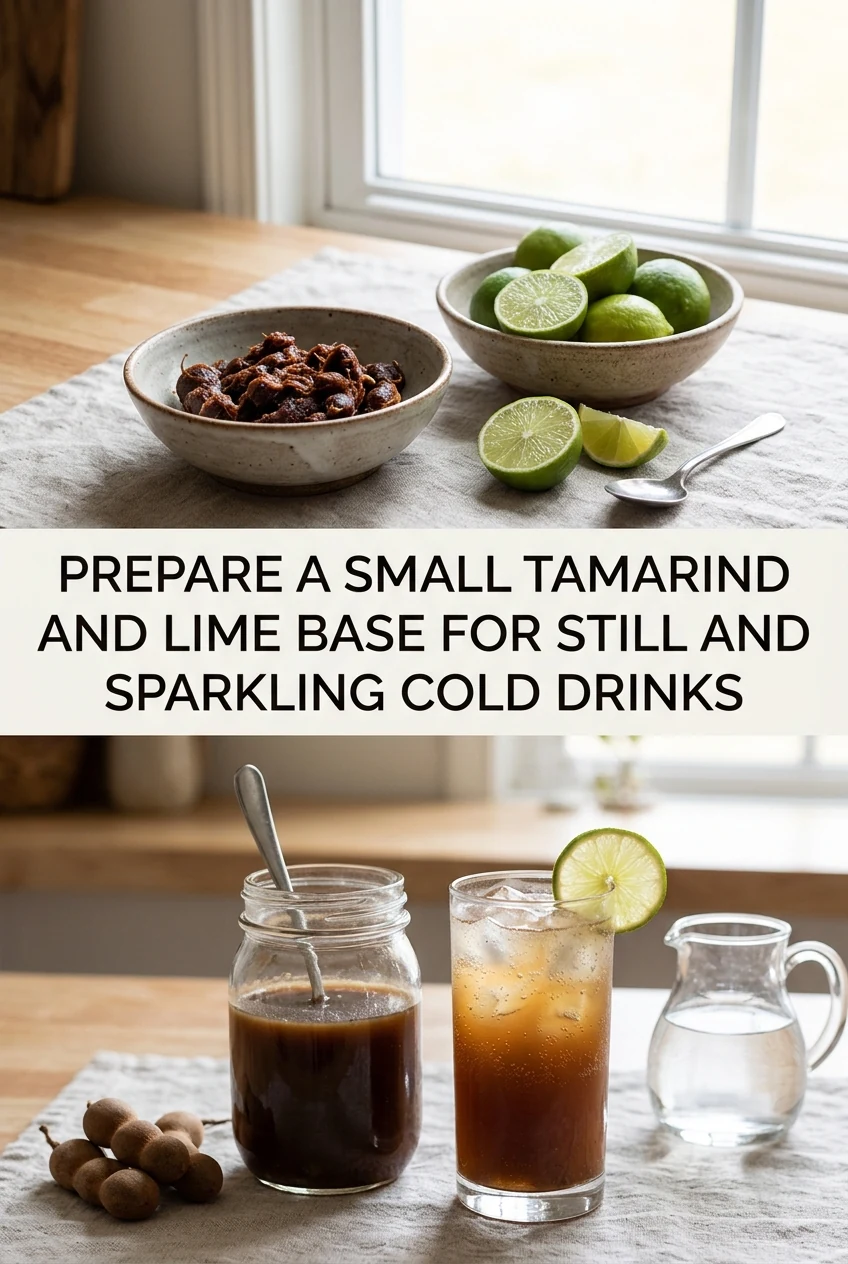 Prepare a Small Tamarind and Lime Base for Still and Sparkling Cold Drinks — AI-generated editorial illustration