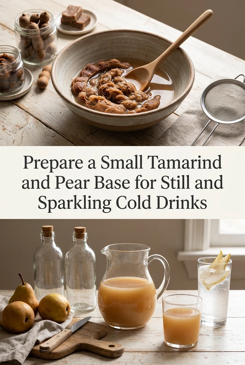Prepare a Small Tamarind and Pear Base for Still and Sparkling Cold Drinks — AI-generated editorial illustration