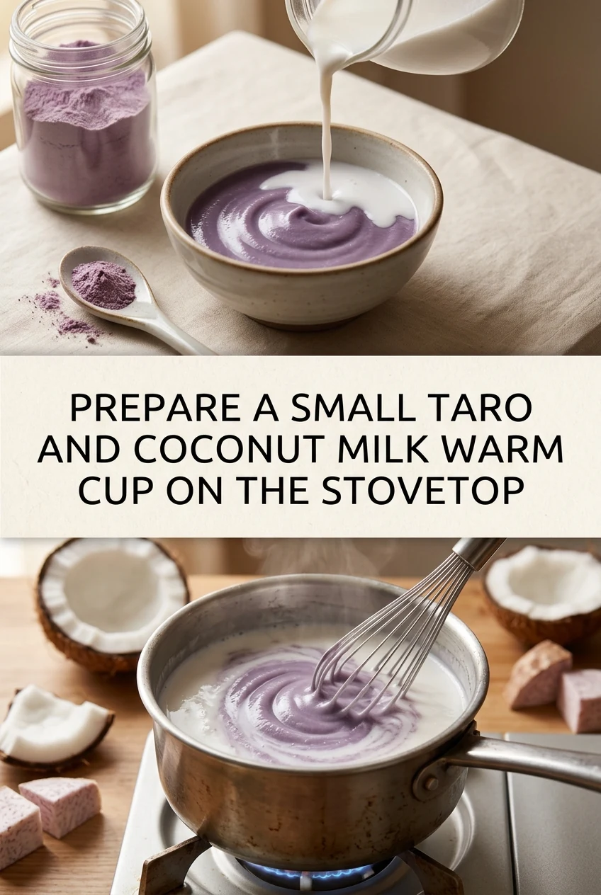 Prepare a Small Taro and Coconut Milk Warm Cup on the Stovetop — AI-generated editorial illustration