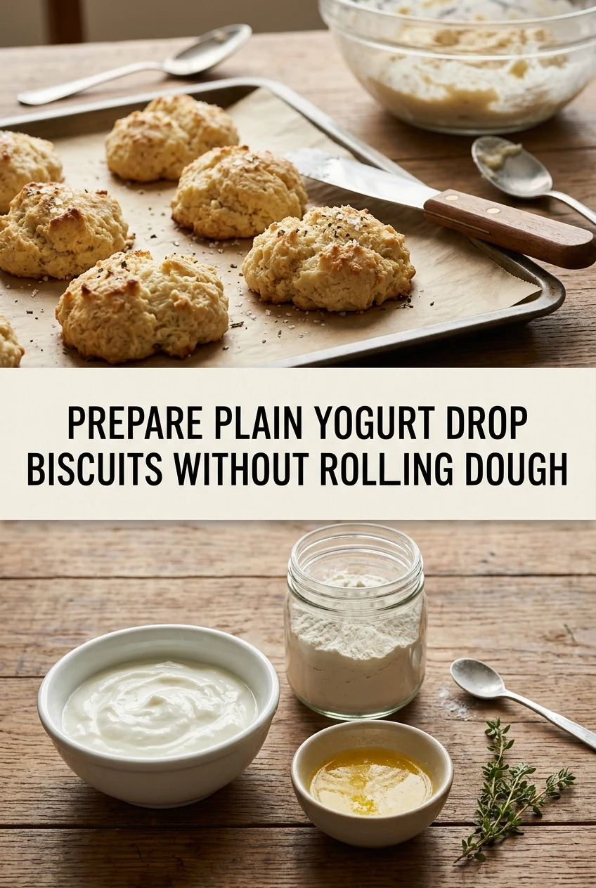 Prepare Plain Yogurt Drop Biscuits Without Rolling Dough — AI-generated editorial illustration