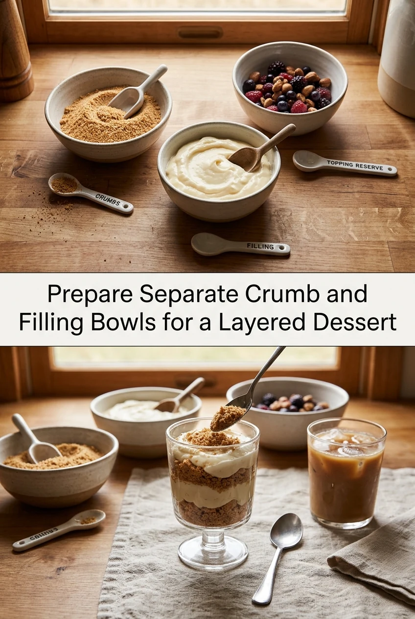 Prepare Separate Crumb and Filling Bowls for a Layered Dessert — AI-generated editorial illustration