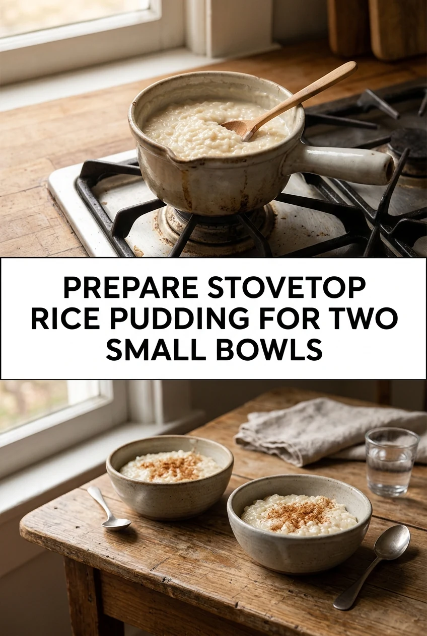 Prepare Stovetop Rice Pudding for Two Small Bowls — AI-generated editorial illustration