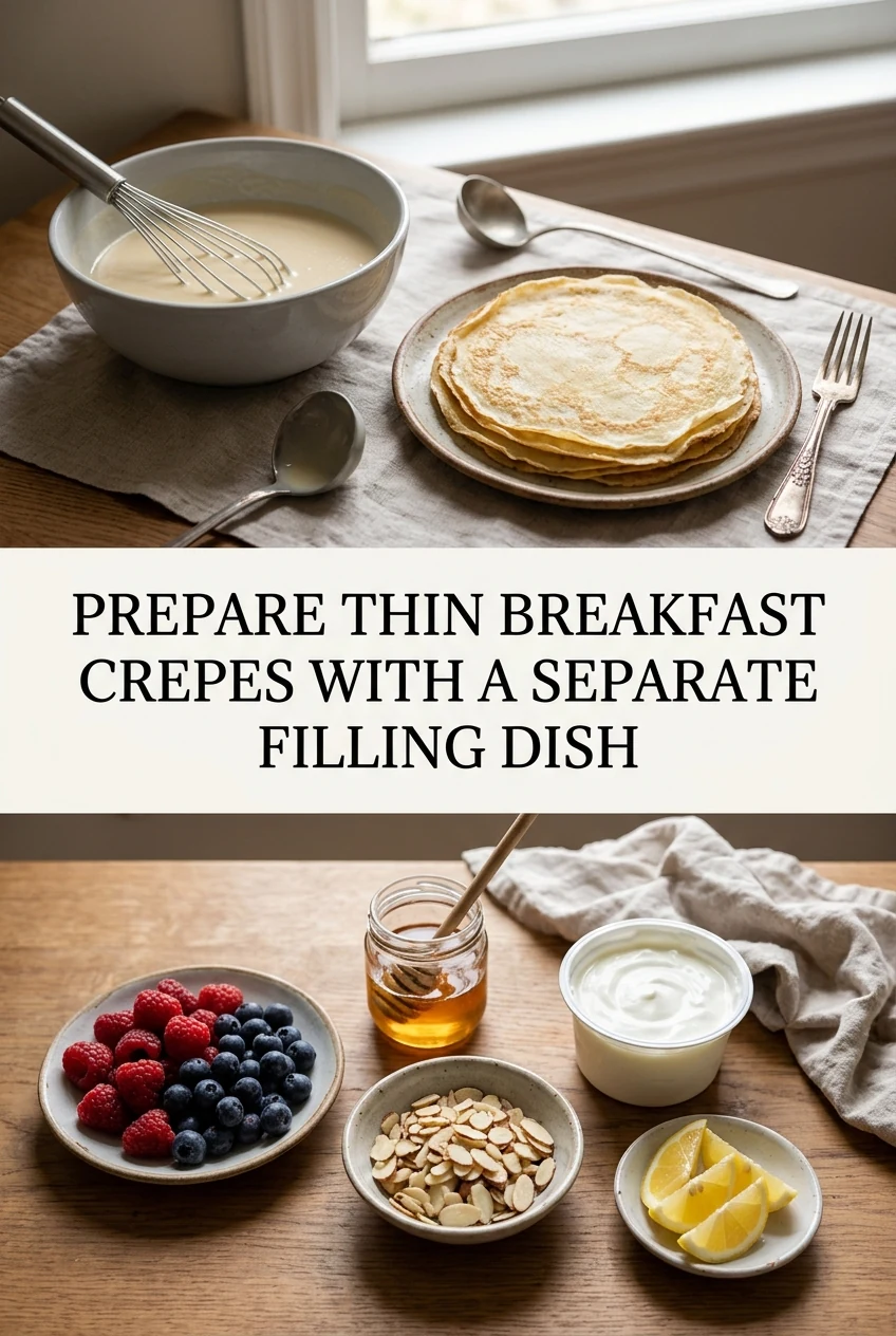 Prepare Thin Breakfast Crepes with a Separate Filling Dish — AI-generated editorial illustration