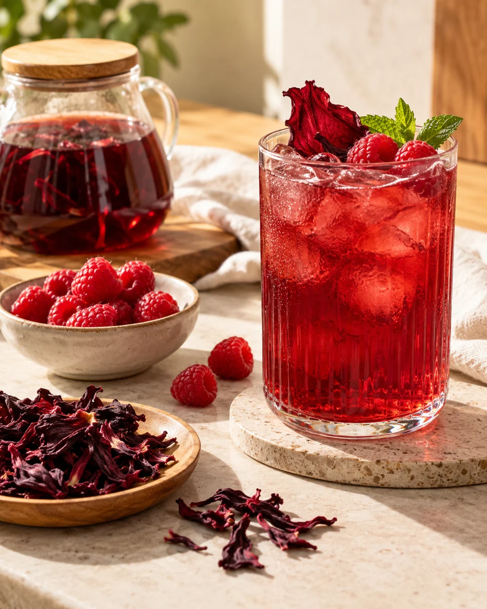 Raspberry Hibiscus Iced Tea — AI-generated editorial illustration