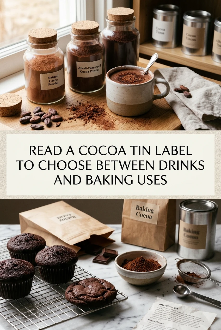 Read a Cocoa Tin Label to Choose Between Drinks and Baking Uses — AI-generated editorial illustration