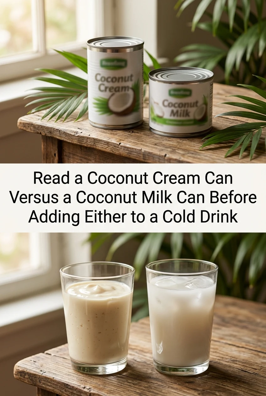 Read a Coconut Cream Can Versus a Coconut Milk Can Before Adding Either to a Cold Drink — AI-generated editorial illustration