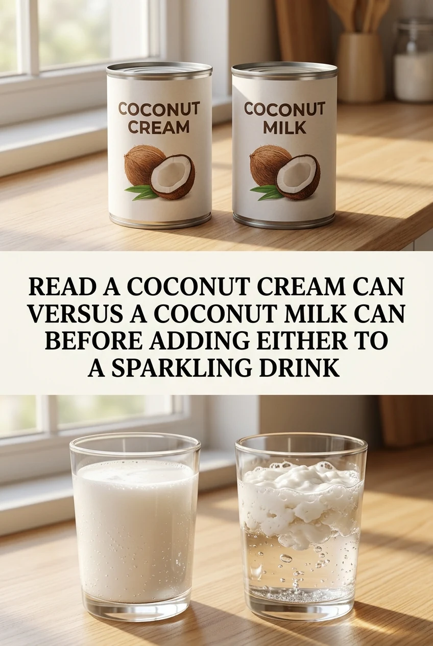 Read a Coconut Cream Can Versus a Coconut Milk Can Before Adding Either to a Sparkling Drink — AI-generated editorial illustration