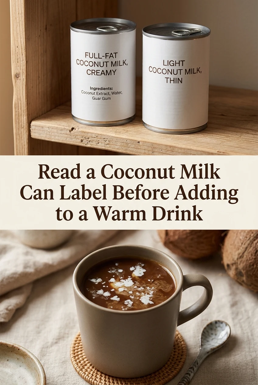Read a Coconut Milk Can Label Before Adding It to a Warm Drink — AI-generated editorial illustration