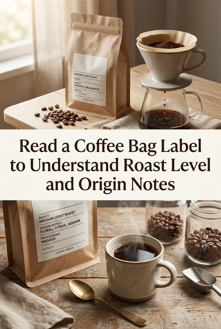Read a Coffee Bag Label to Understand Roast Level and Origin Notes — AI-generated editorial illustration