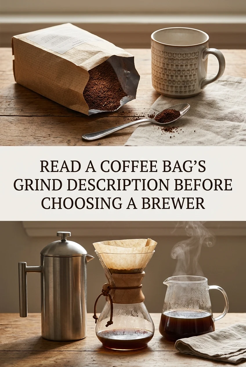 Read a Coffee Bag's Grind Description Before Choosing a Brewer — AI-generated editorial illustration