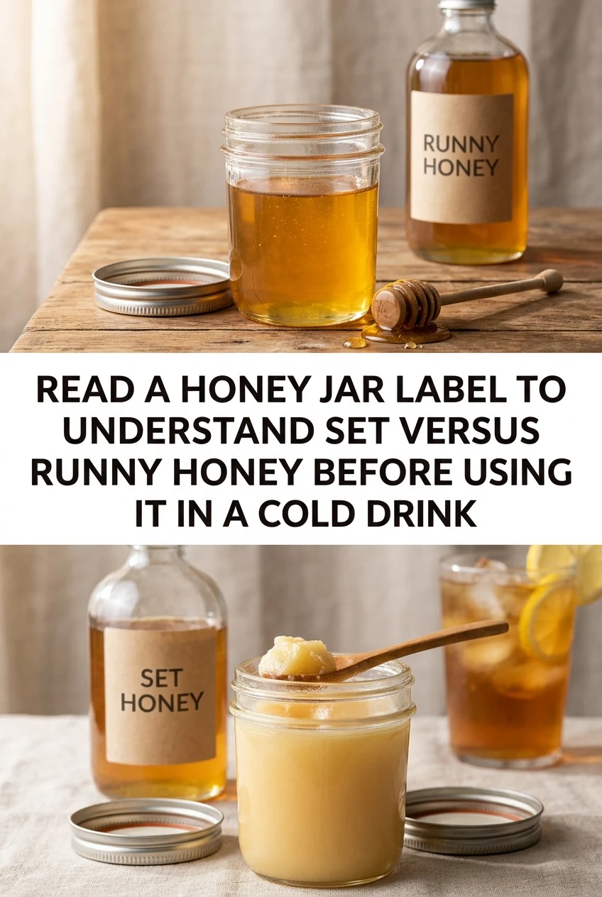 Read a Honey Jar Label to Understand Set Versus Runny Honey Before Using It in a Cold Drink — AI-generated editorial illustration