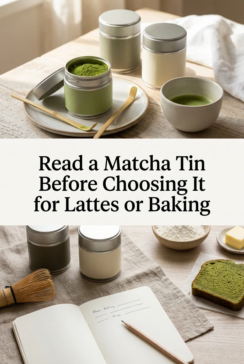 Read a Matcha Tin Before Choosing It for Lattes or Baking — AI-generated editorial illustration