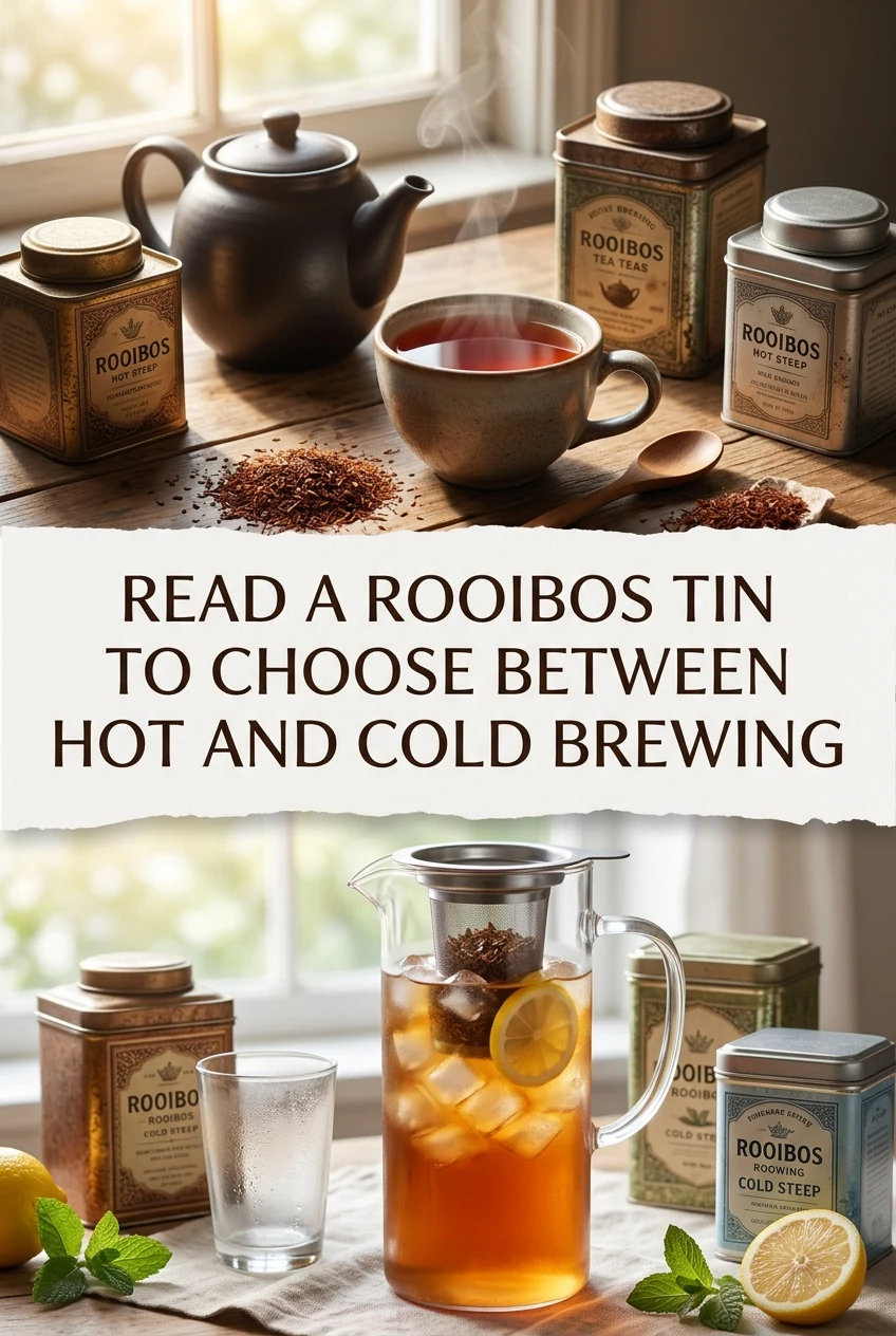 Read a Rooibos Tin to Choose Between Hot and Cold Brewing — AI-generated editorial illustration