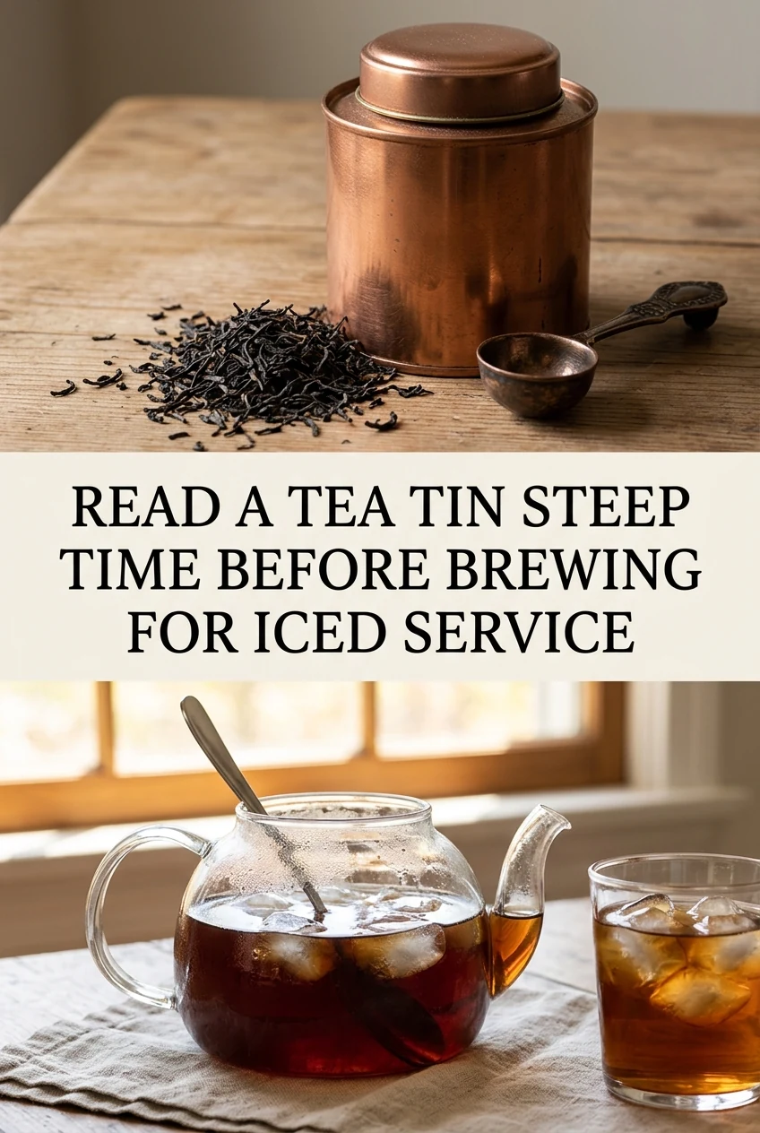 Read a Tea Tin Steep Time Before Brewing for Iced Service — AI-generated editorial illustration