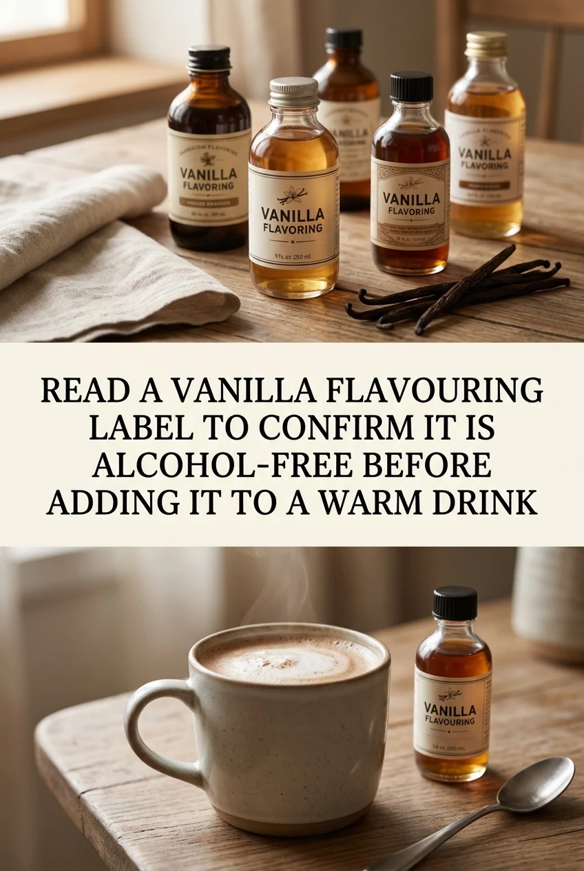Read a Vanilla Flavouring Label to Confirm It Is Alcohol-Free Before Adding It to a Warm Drink — AI-generated editorial illustration