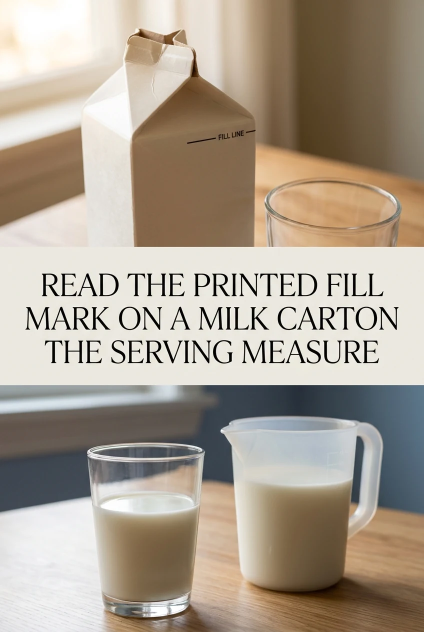 Read the Printed Fill Mark on a Milk Carton Versus the Serving Measure — AI-generated editorial illustration