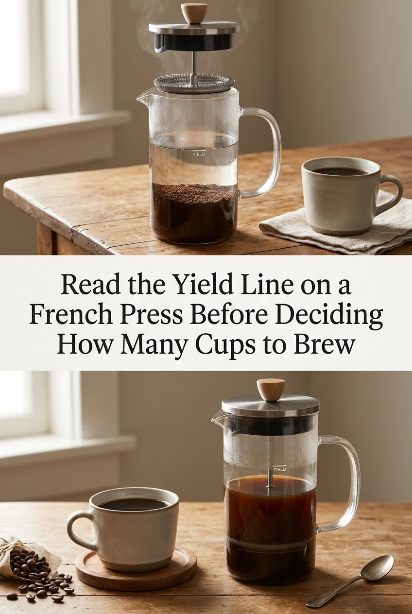 Read the Yield Line on a French Press Before Deciding How Many Cups to Brew — AI-generated editorial illustration