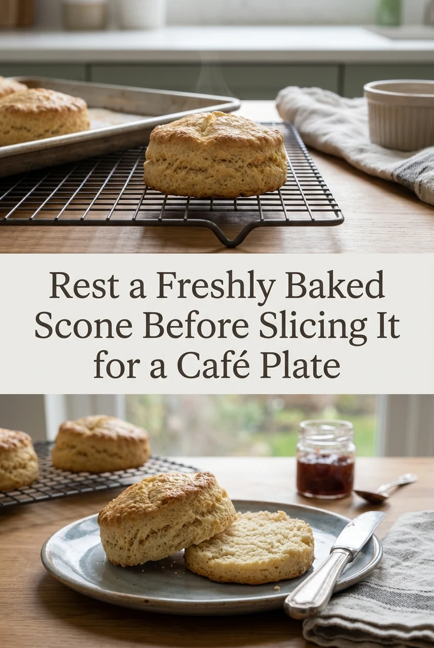 Rest a Freshly Baked Scone Before Slicing It for a Café Plate — AI-generated editorial illustration