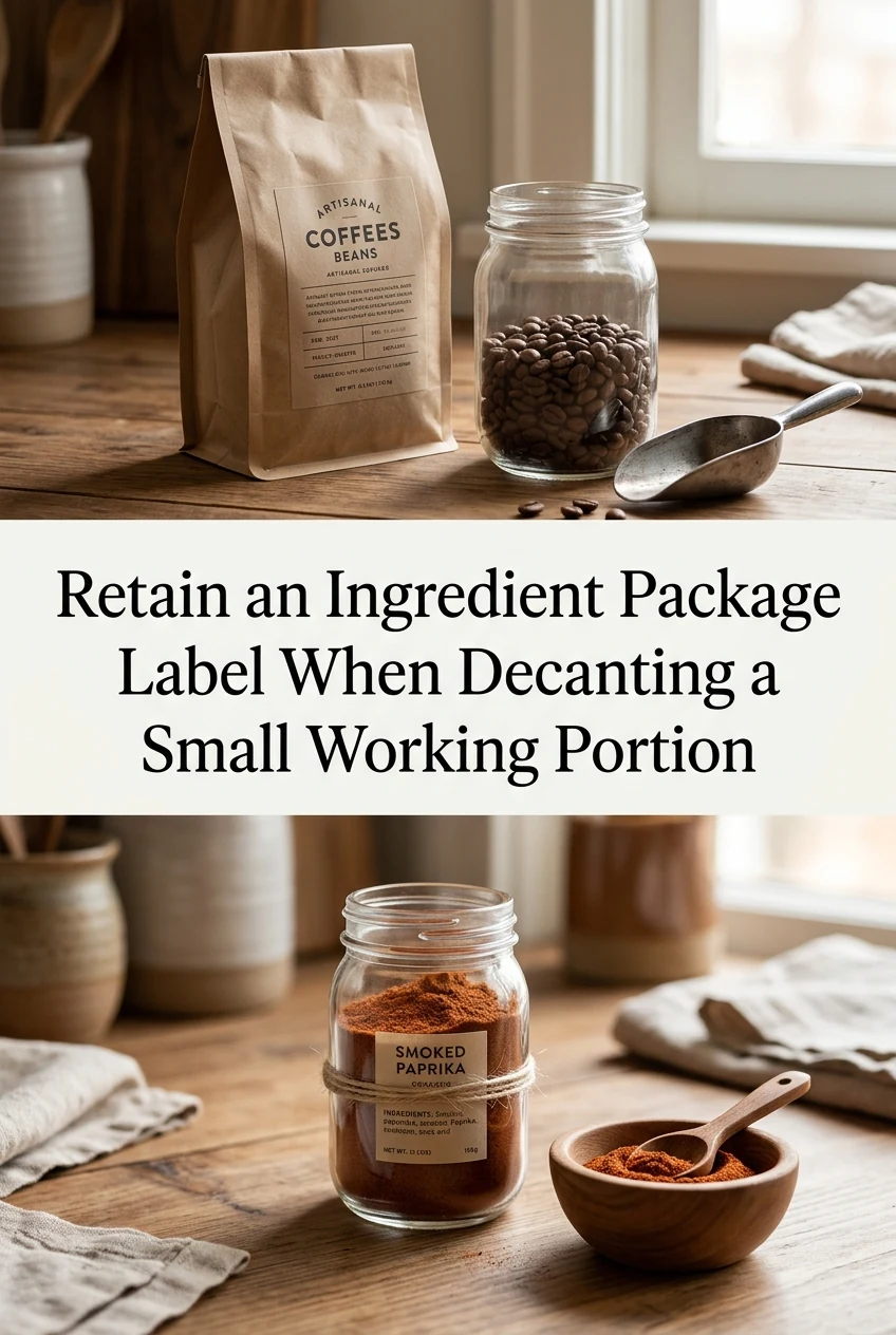 Retain an Ingredient Package Label When Decanting a Small Working Portion — AI-generated editorial illustration