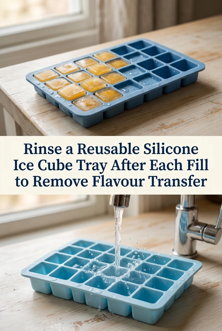 Rinse a Reusable Silicone Ice Cube Tray After Each Fill to Remove Flavour Transfer — AI-generated editorial illustration