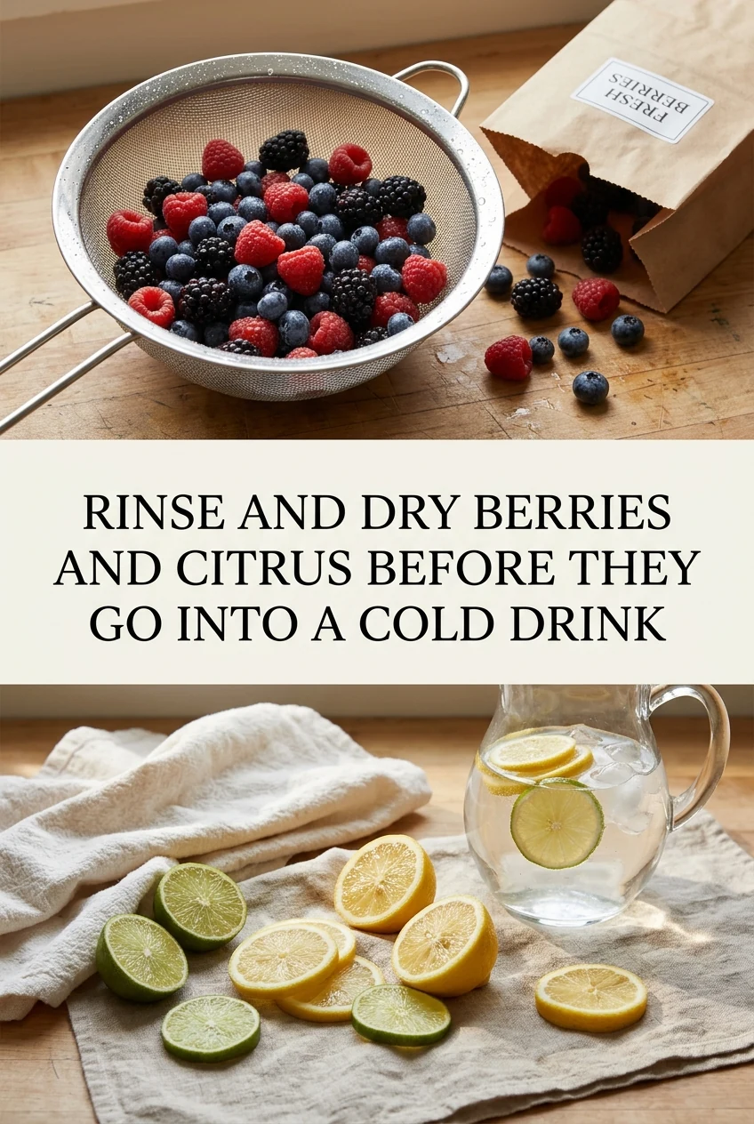Rinse and Dry Berries and Citrus Before They Go Into a Cold Drink — AI-generated editorial illustration