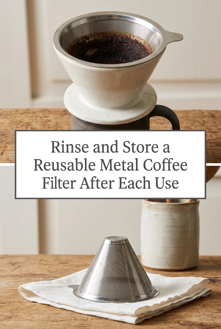 Rinse and Store a Reusable Metal Coffee Filter After Each Use — AI-generated editorial illustration