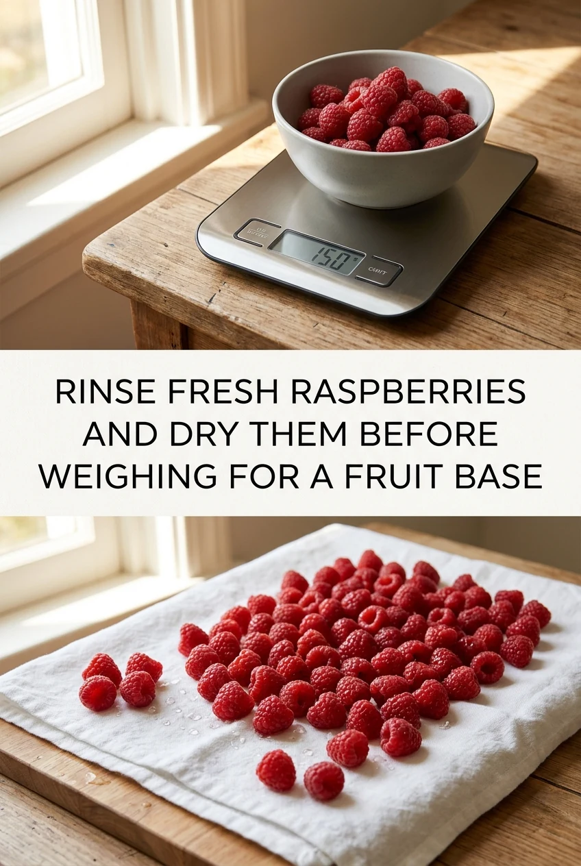 Rinse Fresh Raspberries and Dry Them Before Weighing for a Fruit Base — AI-generated editorial illustration