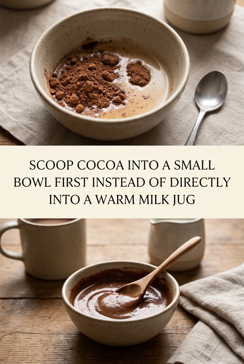 Scoop Cocoa Into a Small Bowl First Instead of Directly Into a Warm Milk Jug — AI-generated editorial illustration