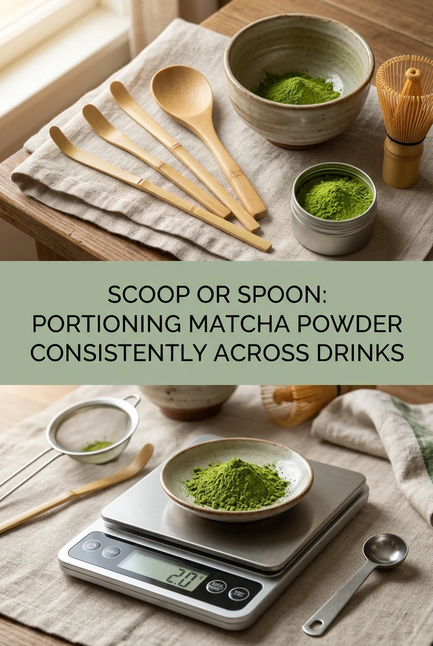 Scoop or Spoon: Portioning Matcha Powder Consistently Across Drinks — AI-generated editorial illustration