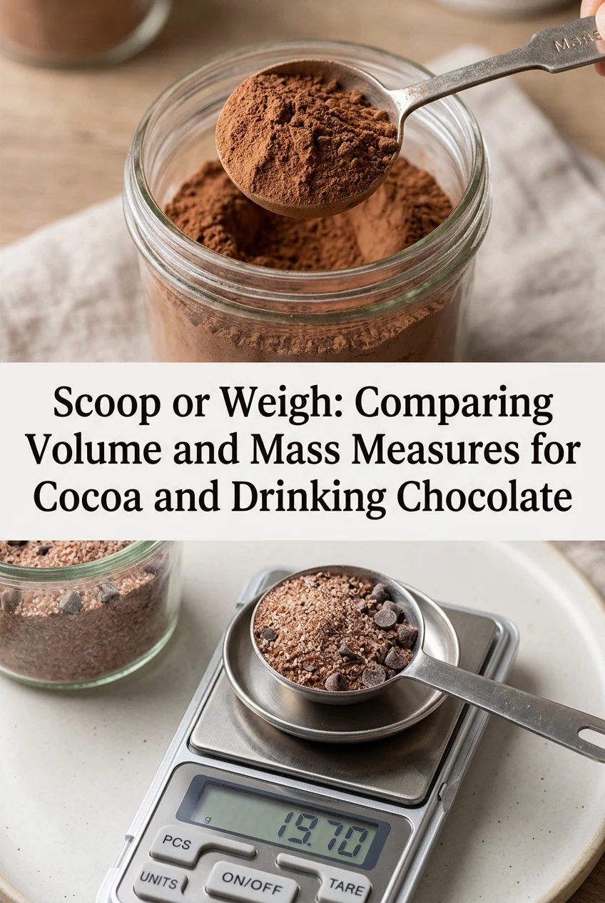 Scoop or Weigh: Comparing Volume and Mass Measures for Cocoa and Drinking Chocolate — AI-generated editorial illustration