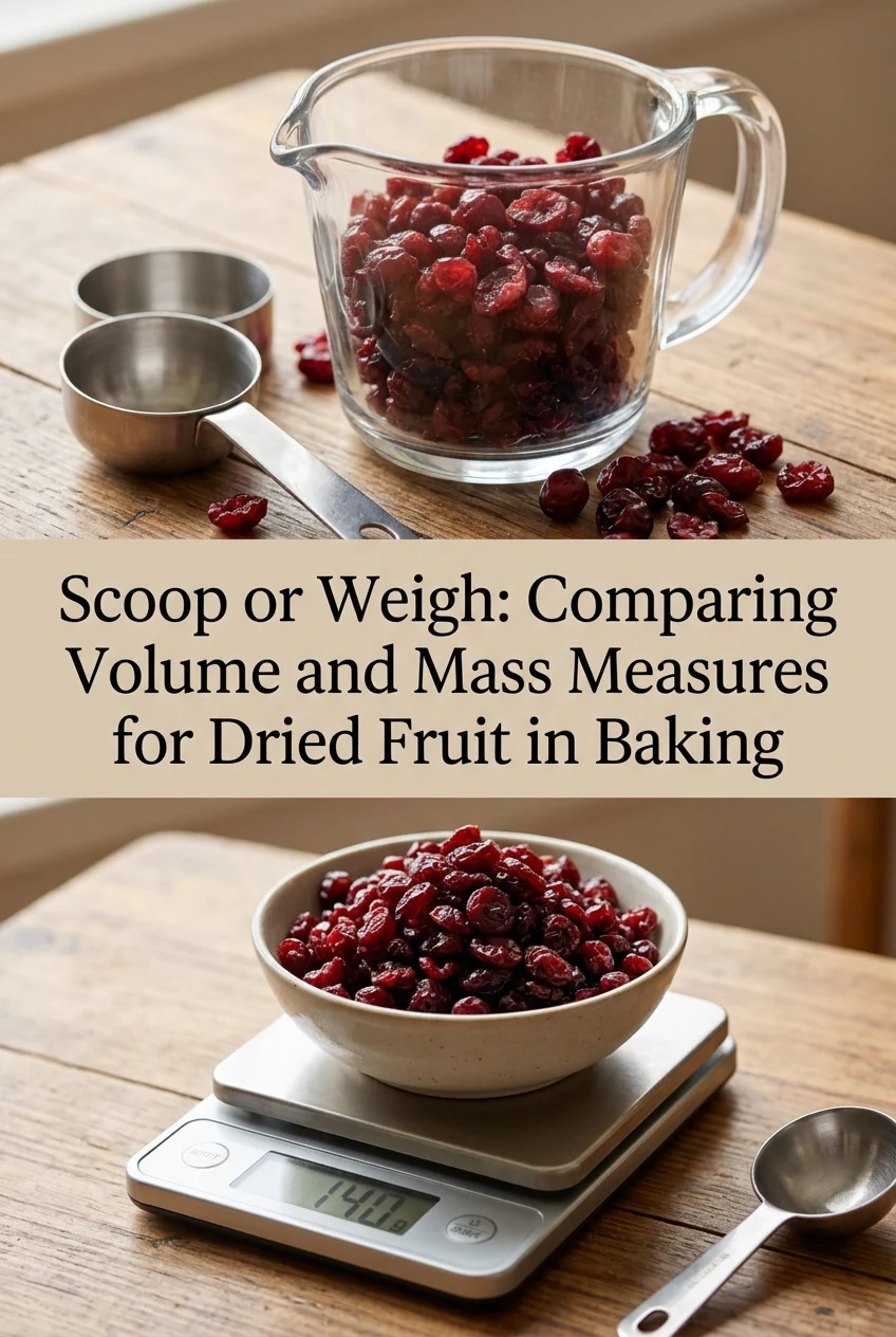 Scoop or Weigh: Comparing Volume and Mass Measures for Dried Fruit in Baking — AI-generated editorial illustration